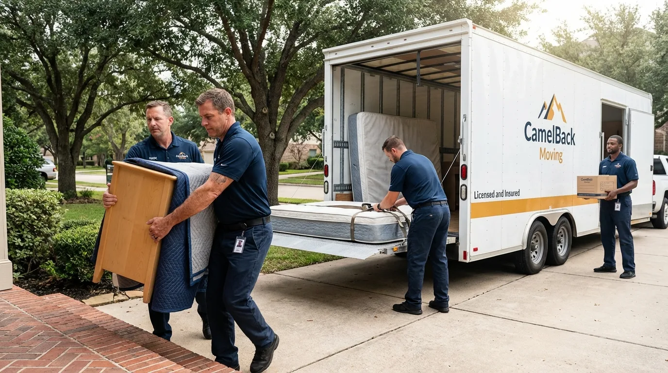 Crew loading residential truck for cross-state move from Russellville, AL
