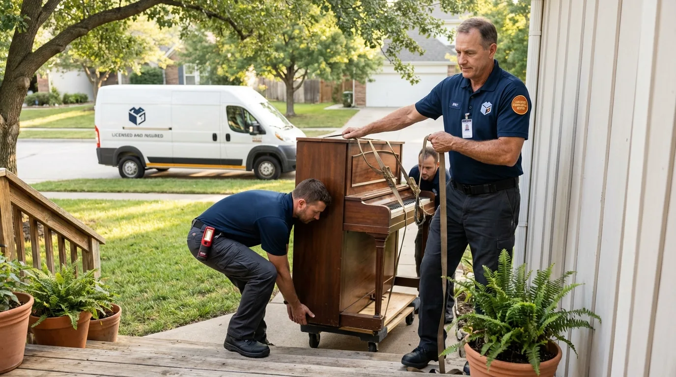 Licensed piano movers securing grand piano in Russellville, AL