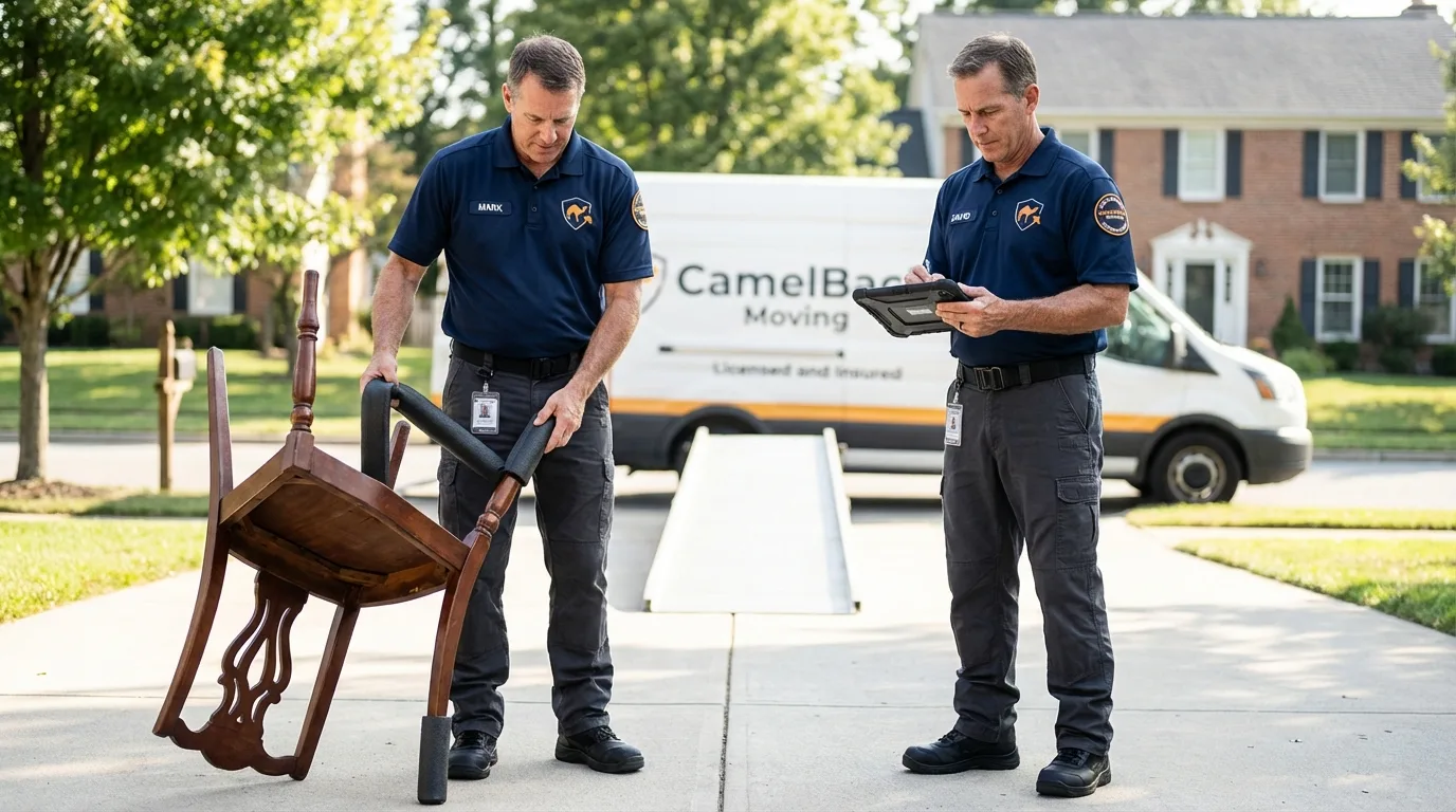 Movers inspecting furniture for damage prevention before loading in Russellville, AL
