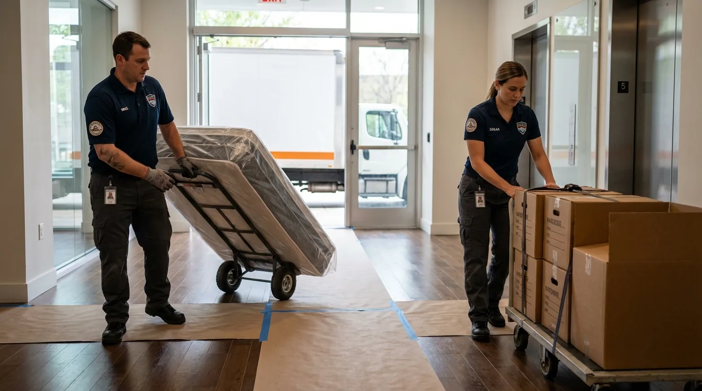 Professional apartment movers loading elevator in Russellville, AL