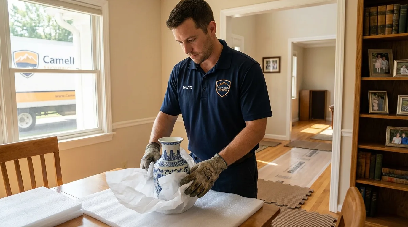 Professional crew carefully wrapping antique vase for senior downsizing move in Russellville, AL